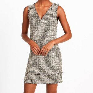 Loft Preppy Holiday Party Metallic Tweed Fringe Double V Mini Dress Ivory 8